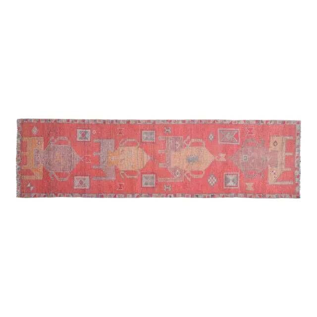 1970s Turkish Oushak Handmade Wool Cotton Red Area Rug 90x343