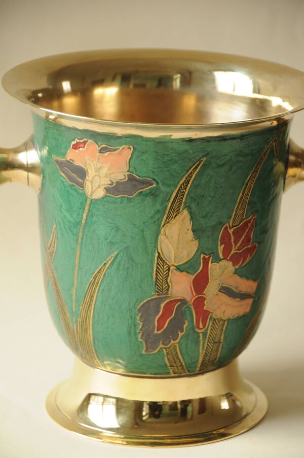 Seau à Champagne / Seau à Glace Vintage en Laiton Émaillé Design Fleurs