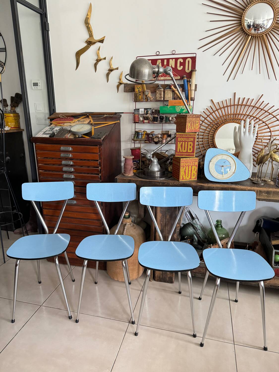 Set of 4 blue Formica chairs