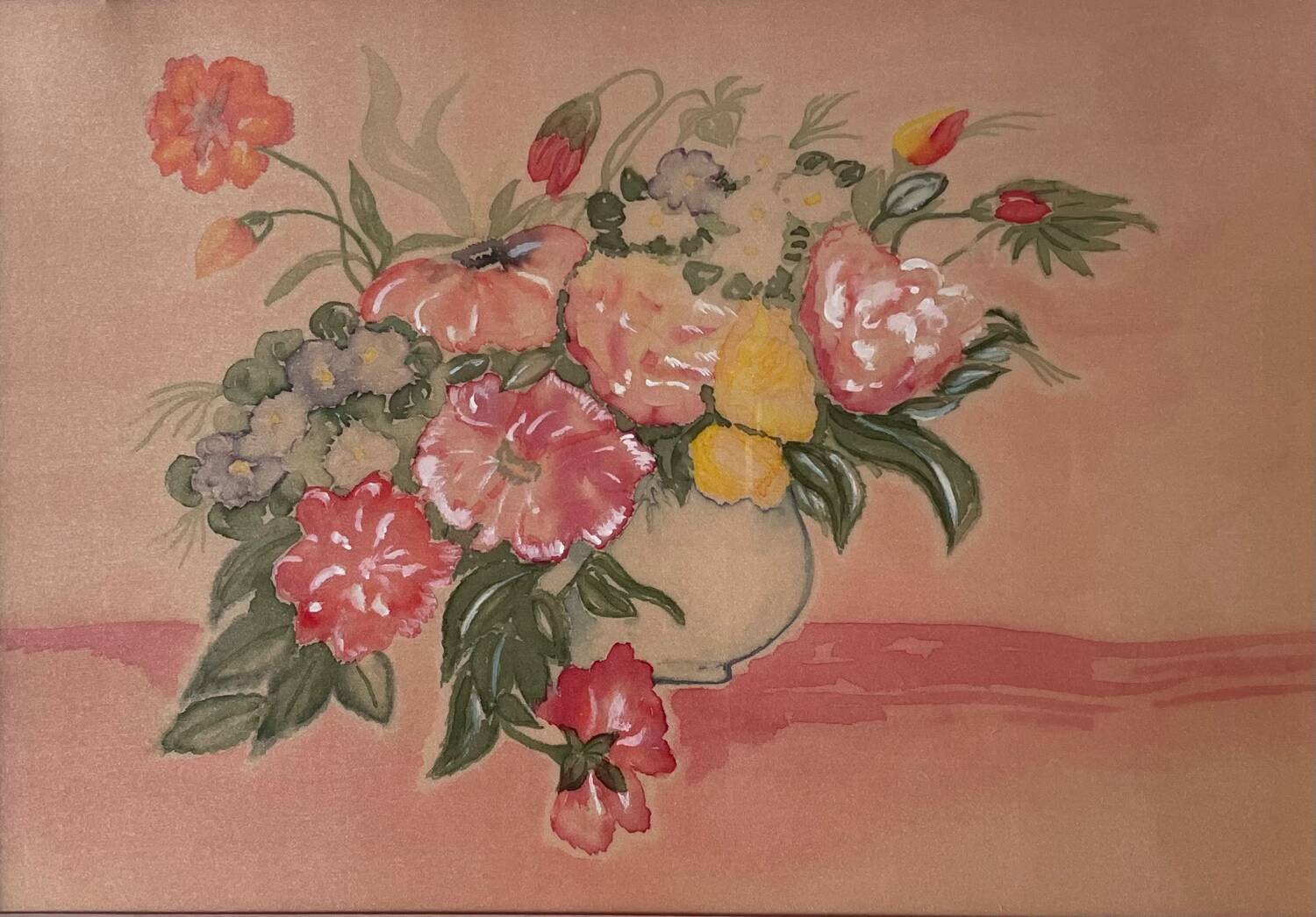 Watercolor painting, spring bouquet, framed.