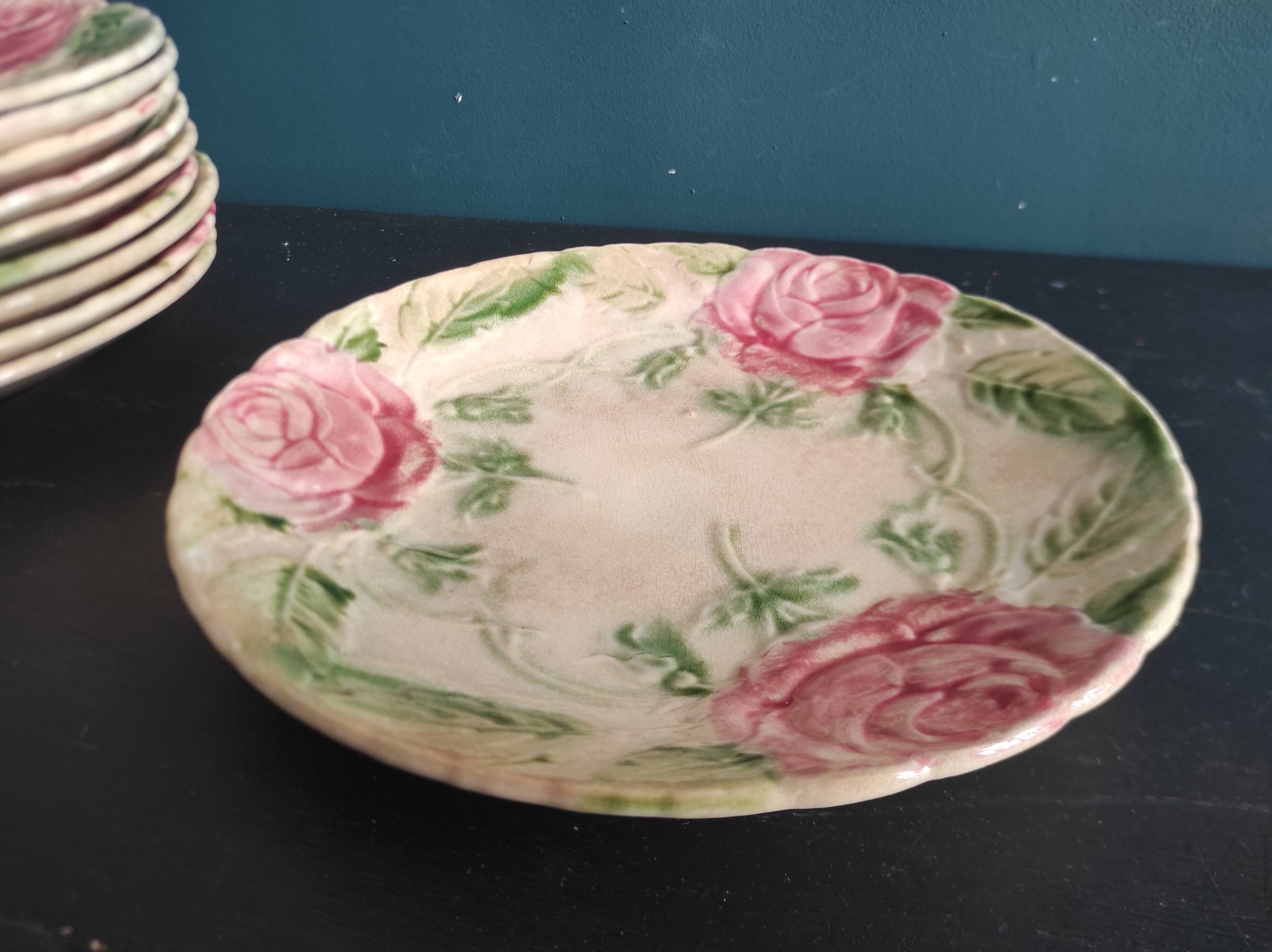 French antique plate decorated with roses in barbotine