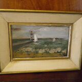 Tableau ancien avec son encadrement, signé jcc,  scène portuaire avec phare