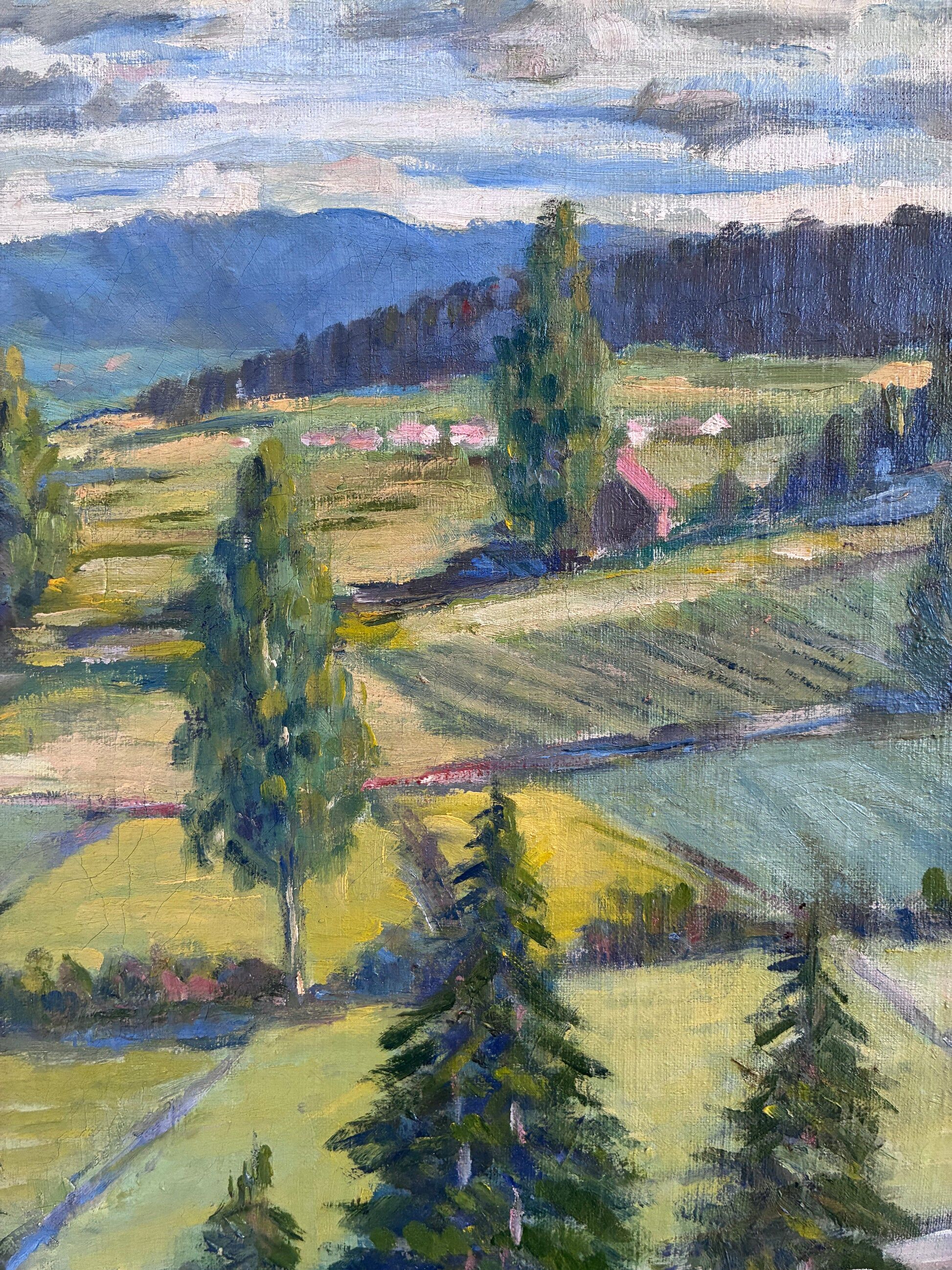Peinture à l'huile vintage originale de paysage, art de la campagne