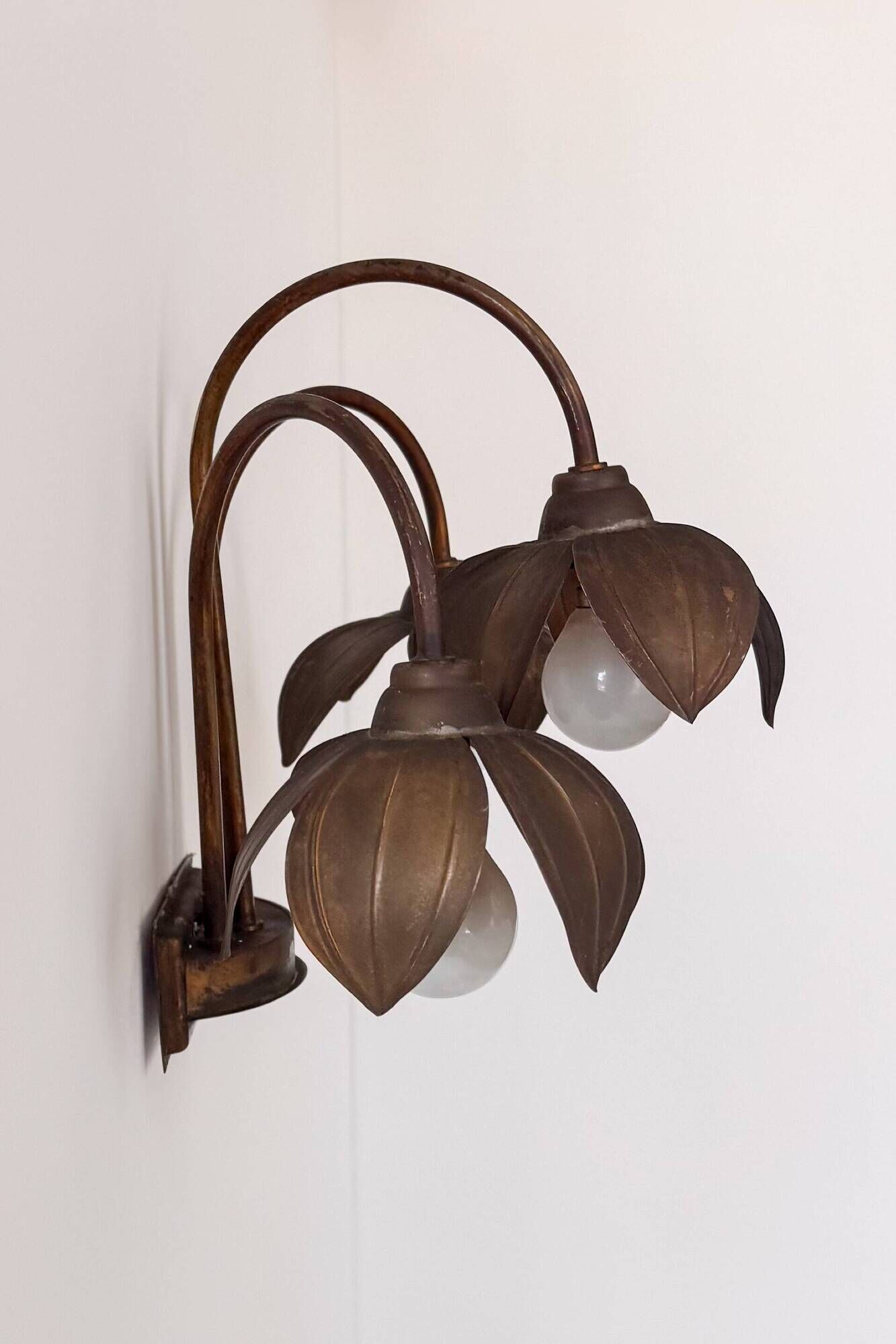 Vintage brass wall light with three branches, floral pattern, France, 1970.