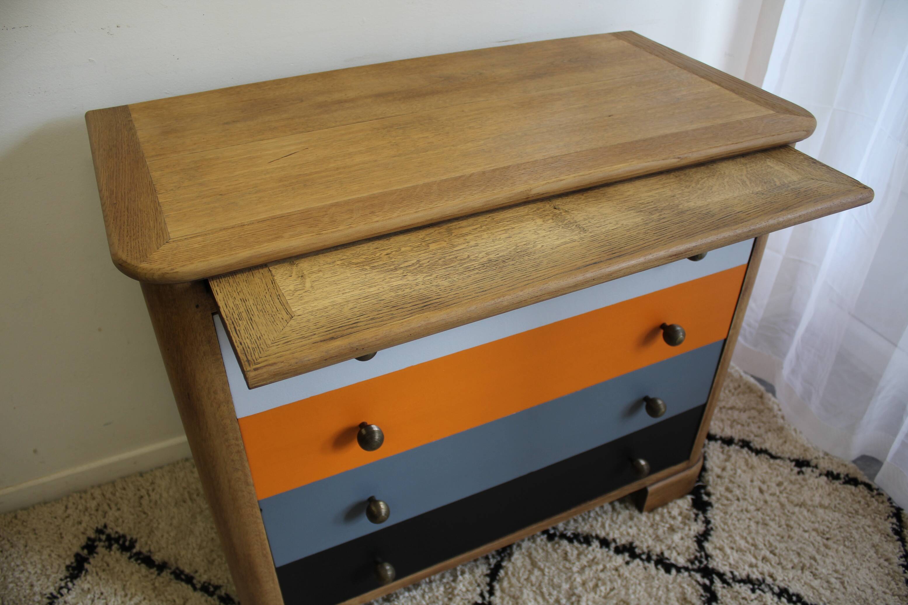 Commode vintage 4 tiroirs bois Grise, orange et bois