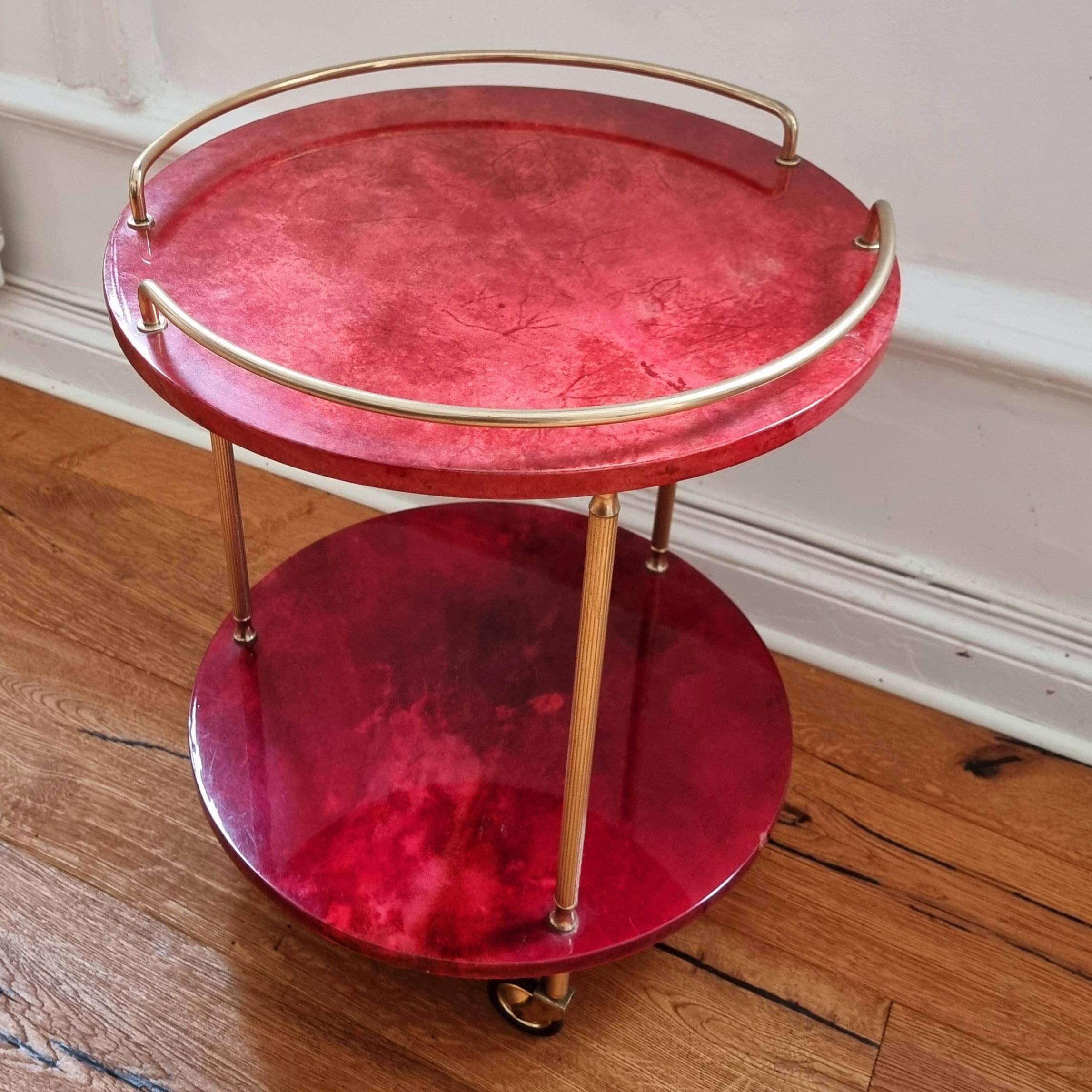 Aldo Tura bar cart, red goat leather, mid-century Italian / Hollywood Regency