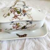 Saucière à couvercle ancienne en porcelaine de Limoges Haviland décor d'oiseaux