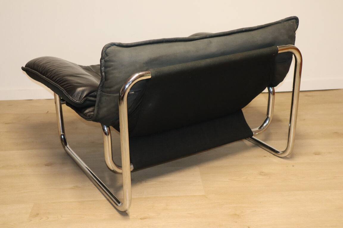 Vintage armchair by Johan Bertil Häggström for Ikéa in leather and chrome metal, 1970s