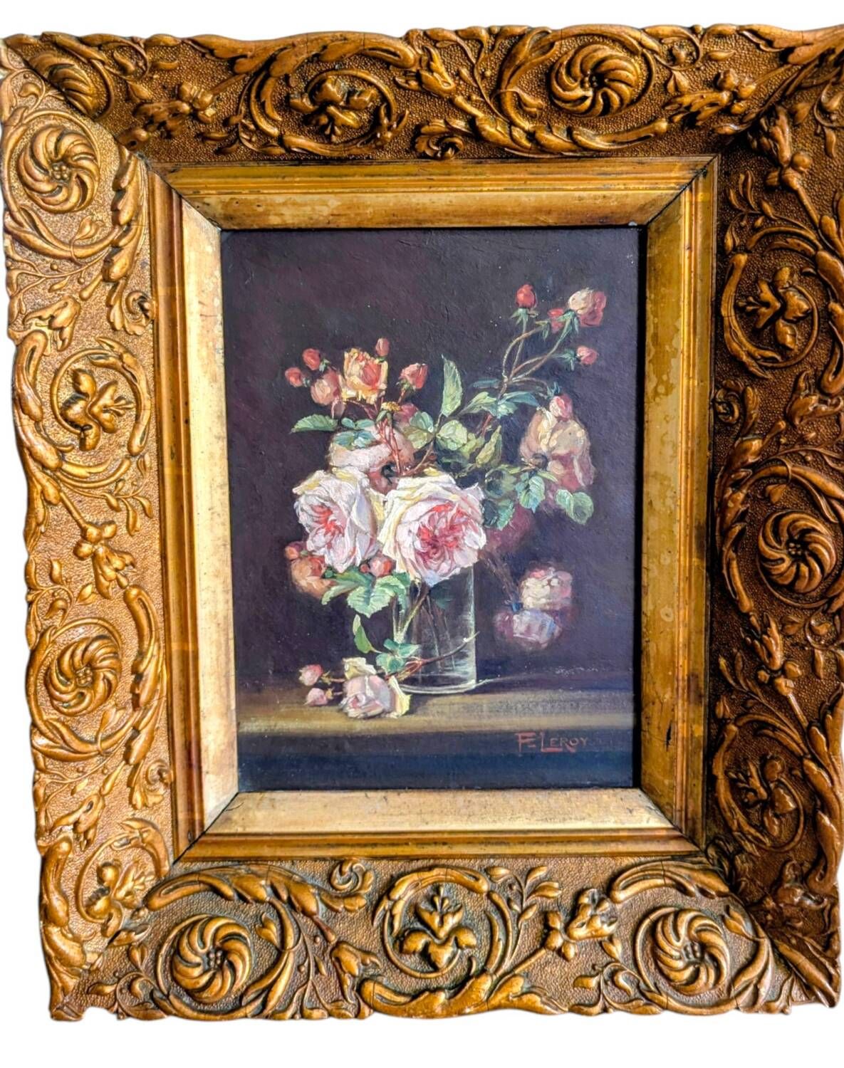 Oil painting on rosewood in a vase, early 20th century