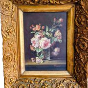 Tableau huile sur bois rose dans vase début XXeme