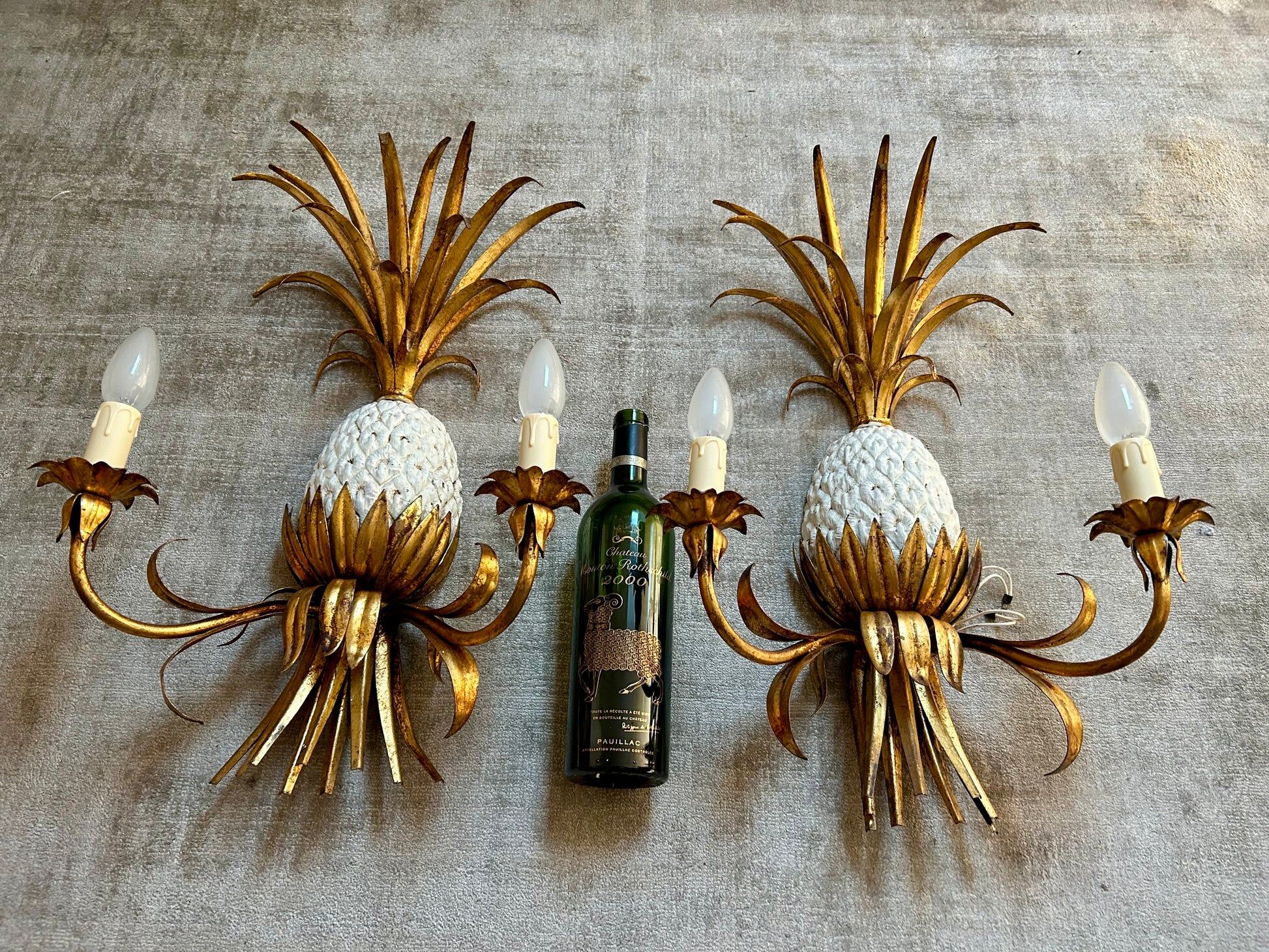 Pair of pineapple wall lights, in the style of Maison Charles / Jansen, 1960s, Hollywood Regency.