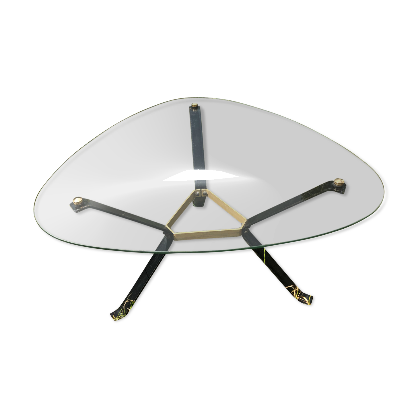 Vintage glass top triangular coffee table