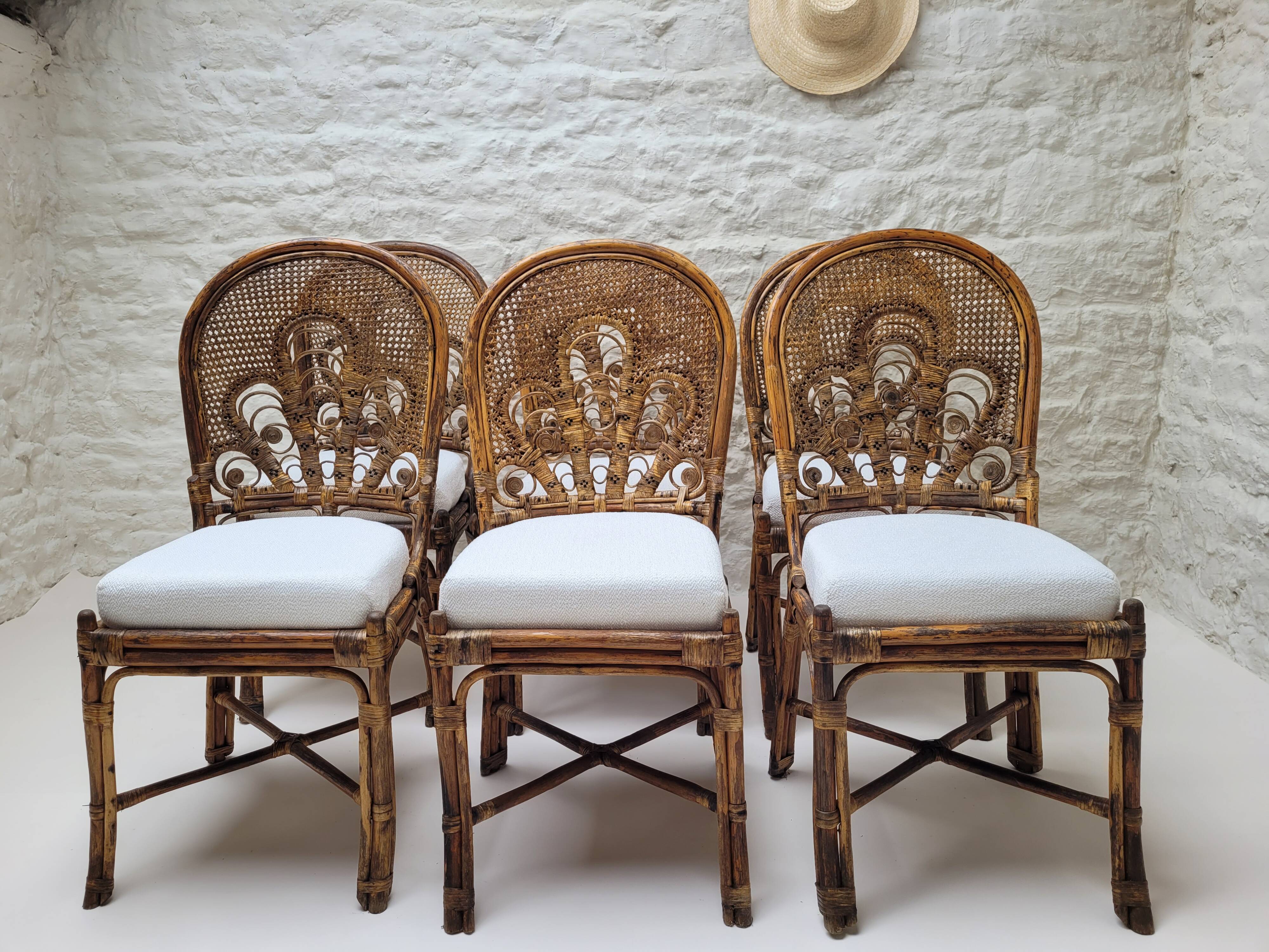 6 Vintage Emmanuelle Peacock Rattan Chairs