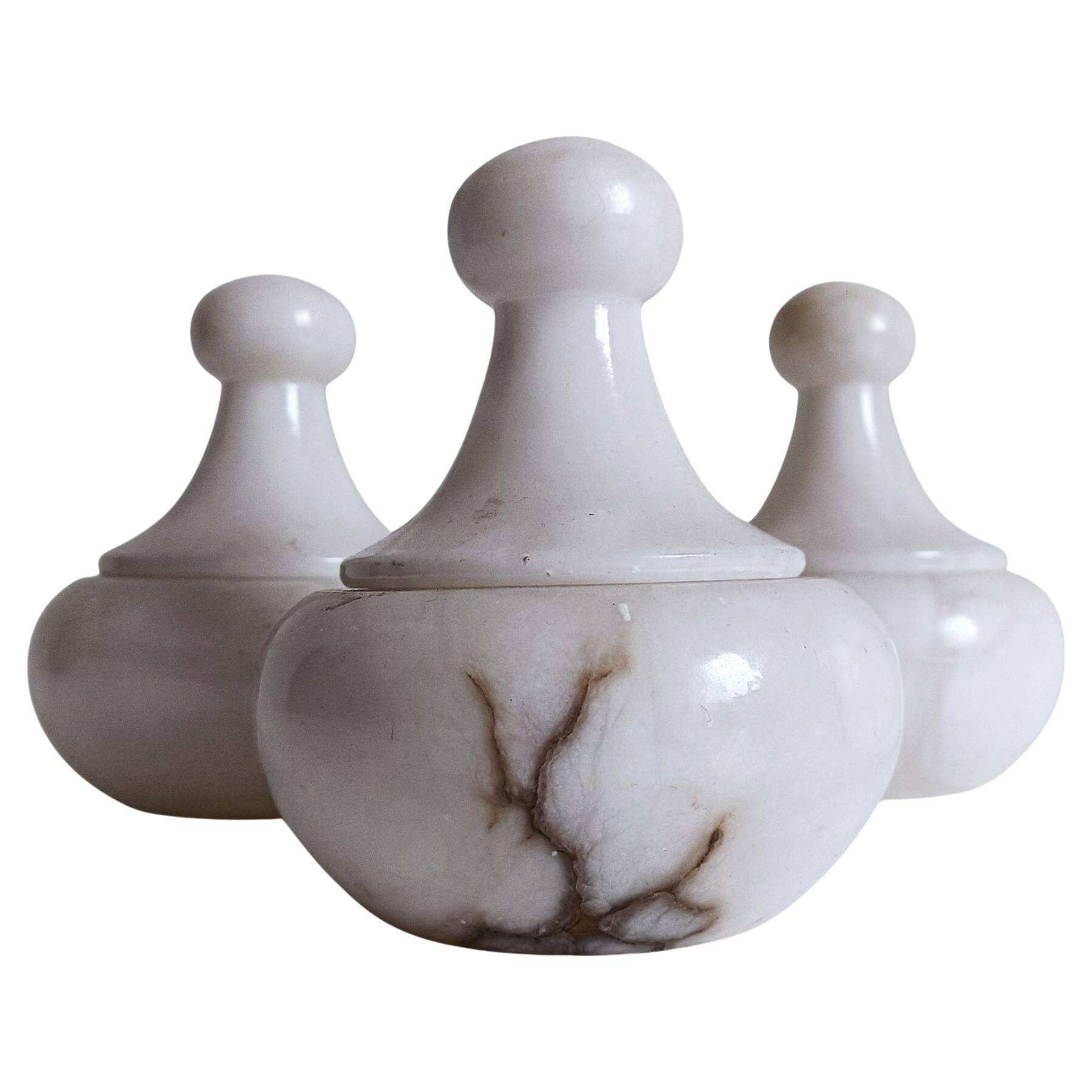 Art Deco Alabaster Set of Three Lidded Urns, Hand-Carved in Spain