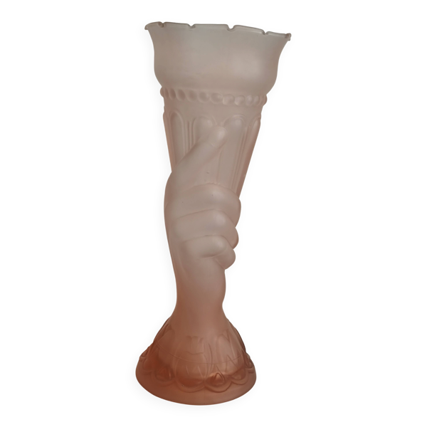 Vase main vintage en verre dépoli rose, style Art Déco - 30 cm