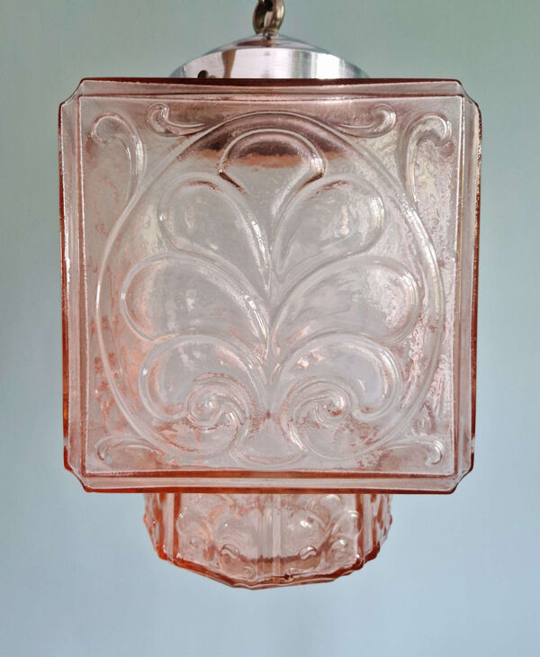 Suspension art déco en verre rose pâle, années 1920-30