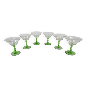 Set of Six Art Deco Stemmed Glasses, Czechoslovakia