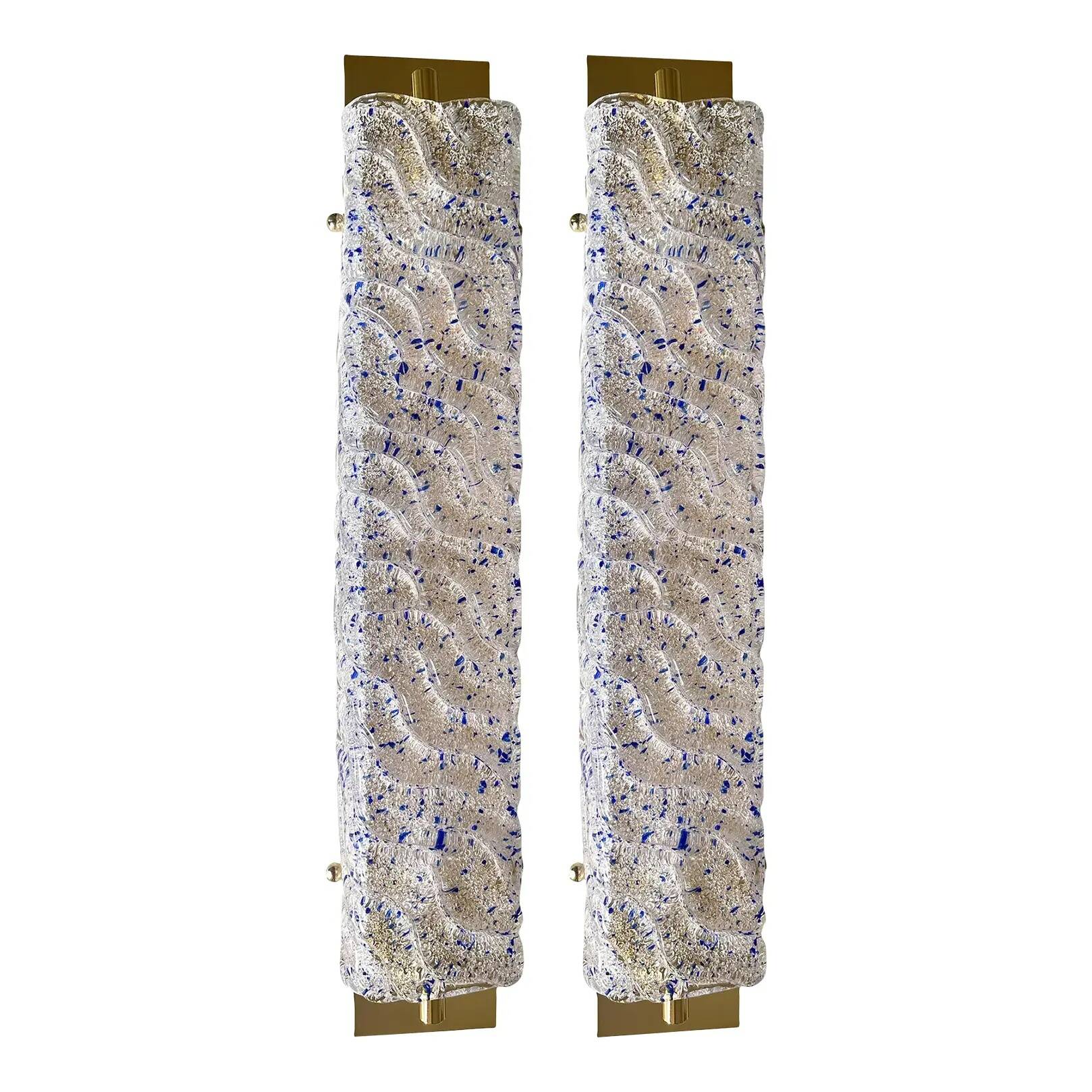 Pair of Gold Wall Sconces With Blue Graniglia Murano Glass