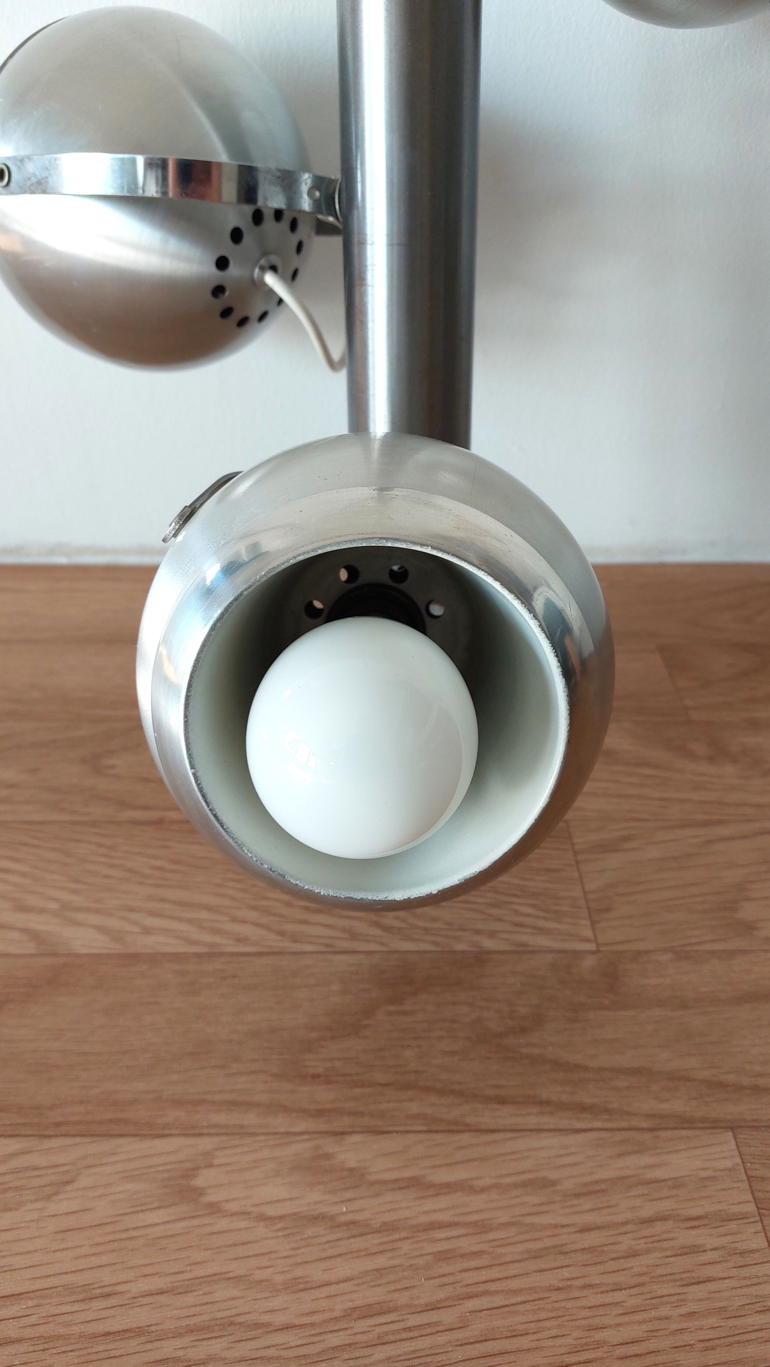 Italian chandelier with three lights in brushed aluminum 1970 "Eyeball"