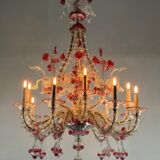 Rezzonico Venetian chandelier in colorless and red Venetian glass, circa 1920