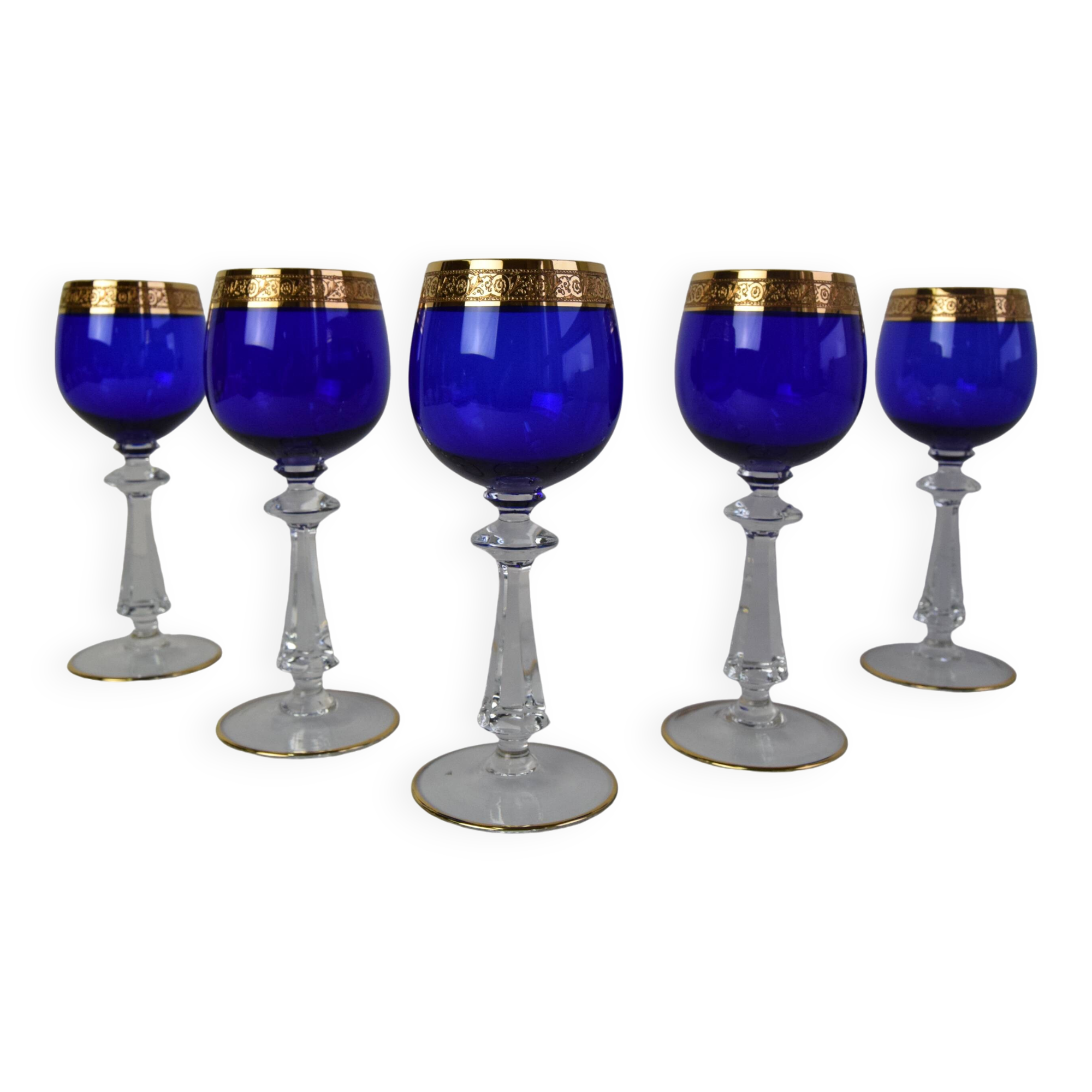 Mid Century Set of Five Stemmed Wine Glasses, 1950's.