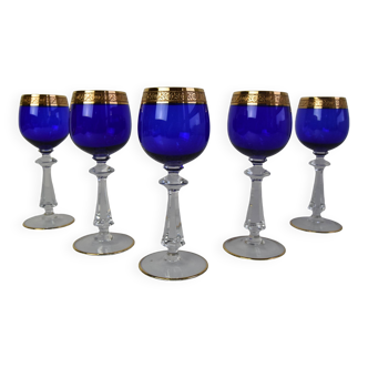 Mid Century Set of Five Stemmed Wine Glasses, 1950's.