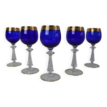 Mid Century Set of Five Stemmed Wine Glasses, 1950's.