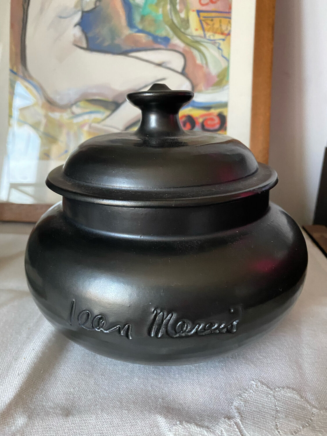 Vintage black ceramic bonbonnière from Vallauris signed Jean Marais
