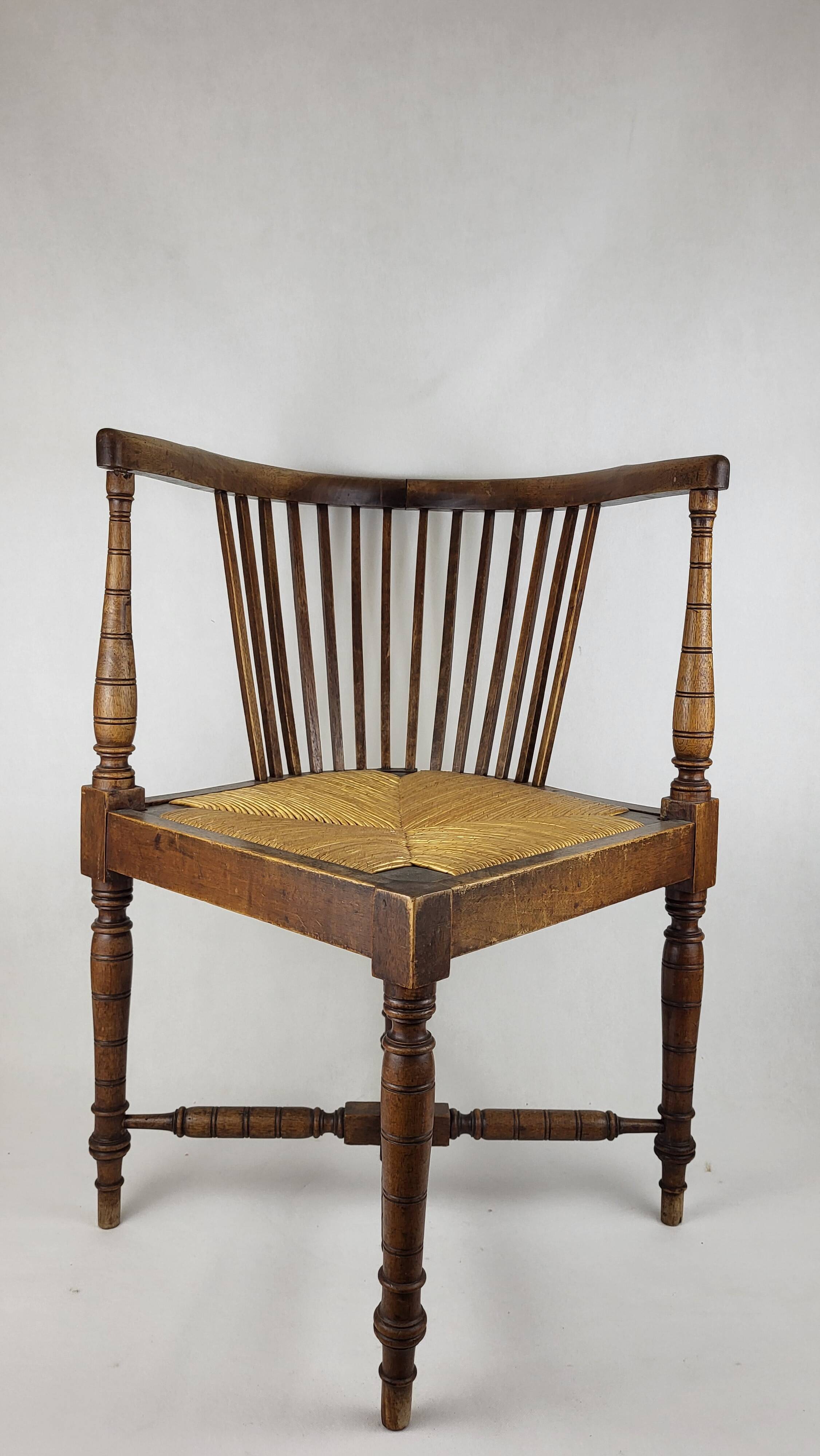 19th century English wood & straw corner armchair chair