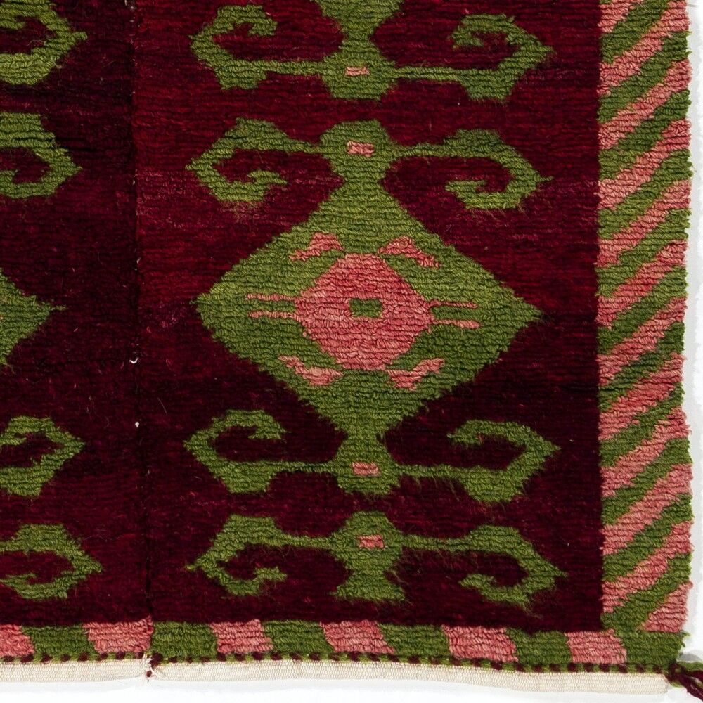 Vintage Hand-Knotted Turkish Tulu Rug with Geometric Hooked Motifs in Burgundy, Green and Pink, 100% Wool