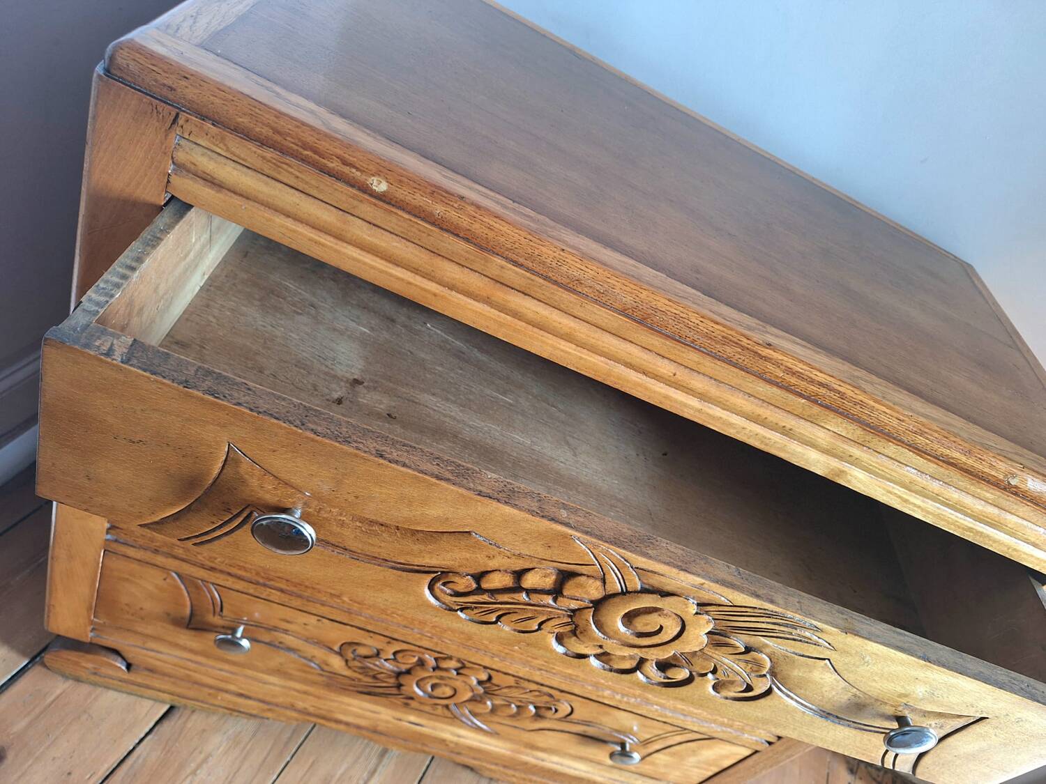 Art deco chest of drawers with wooden top, vintage antique furniture