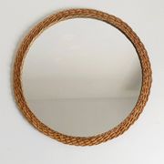 Rustic French Provence Wicker Round Mirror, Mid-Century, Handmade, France