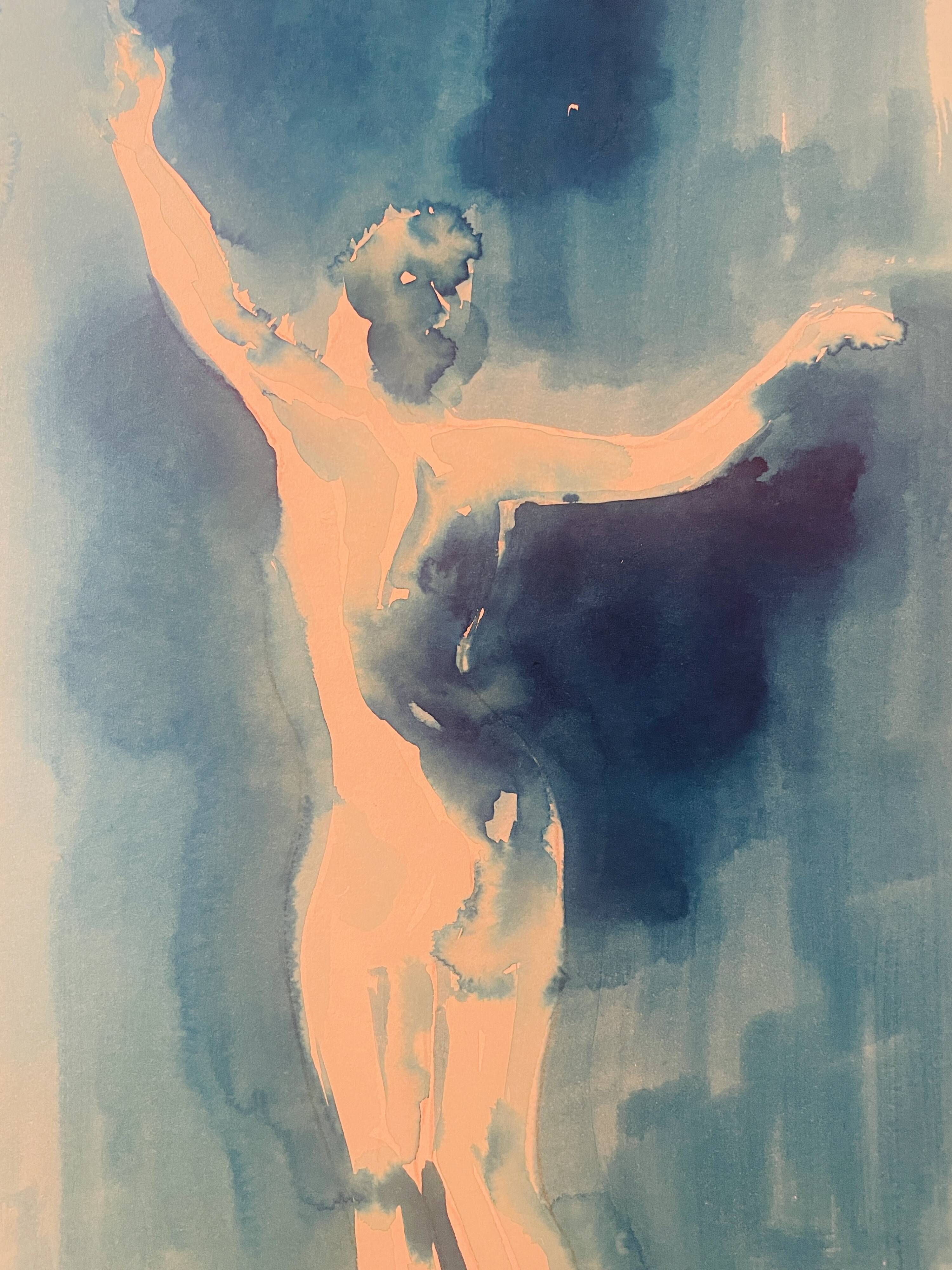 Monochrome blue watercolour tableau collection "Blue Lady" Dance, signed.