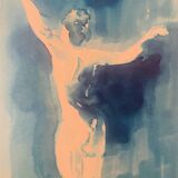Monochrome blue watercolour tableau collection "Blue Lady" Dance, signed.