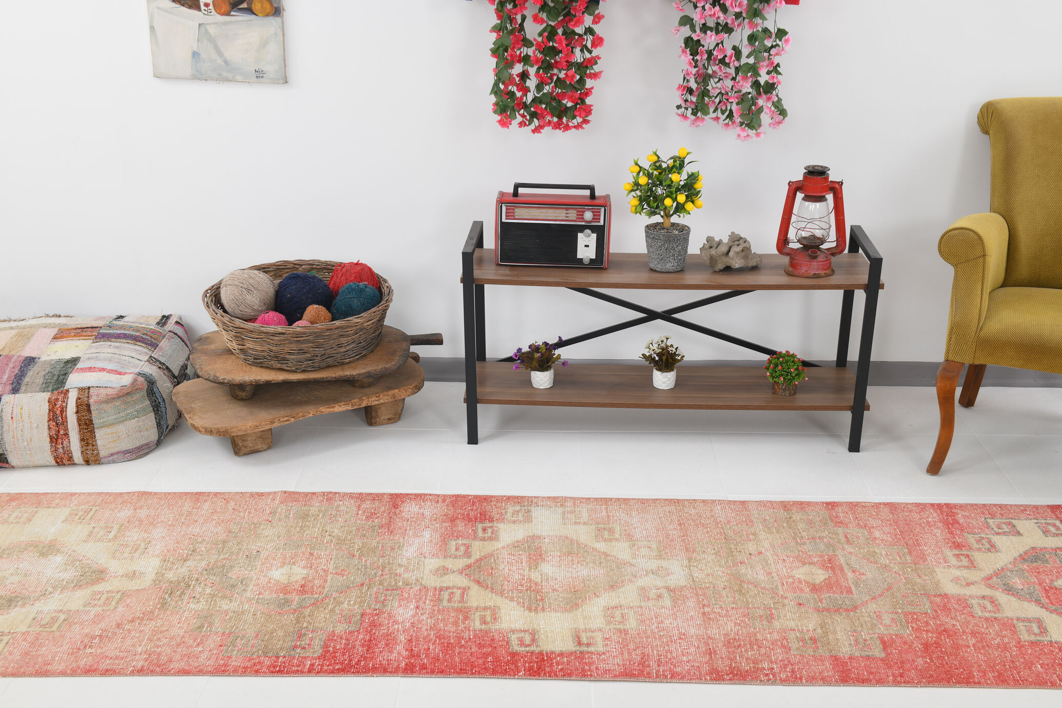 Red & beige vintage runner rug