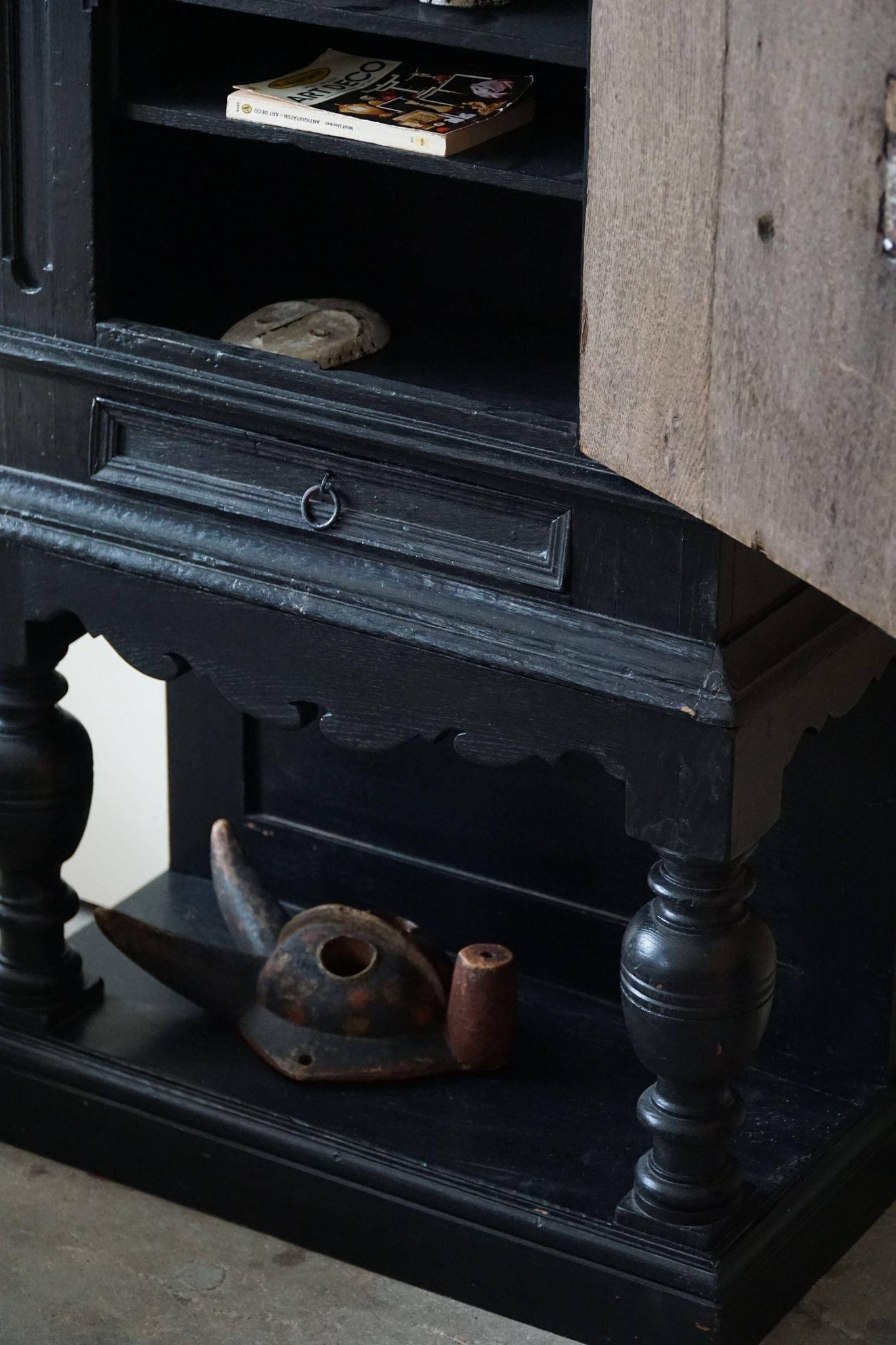 Antique black painted wardrobe from the 18th century by a Danish cabinetmaker, baroque.