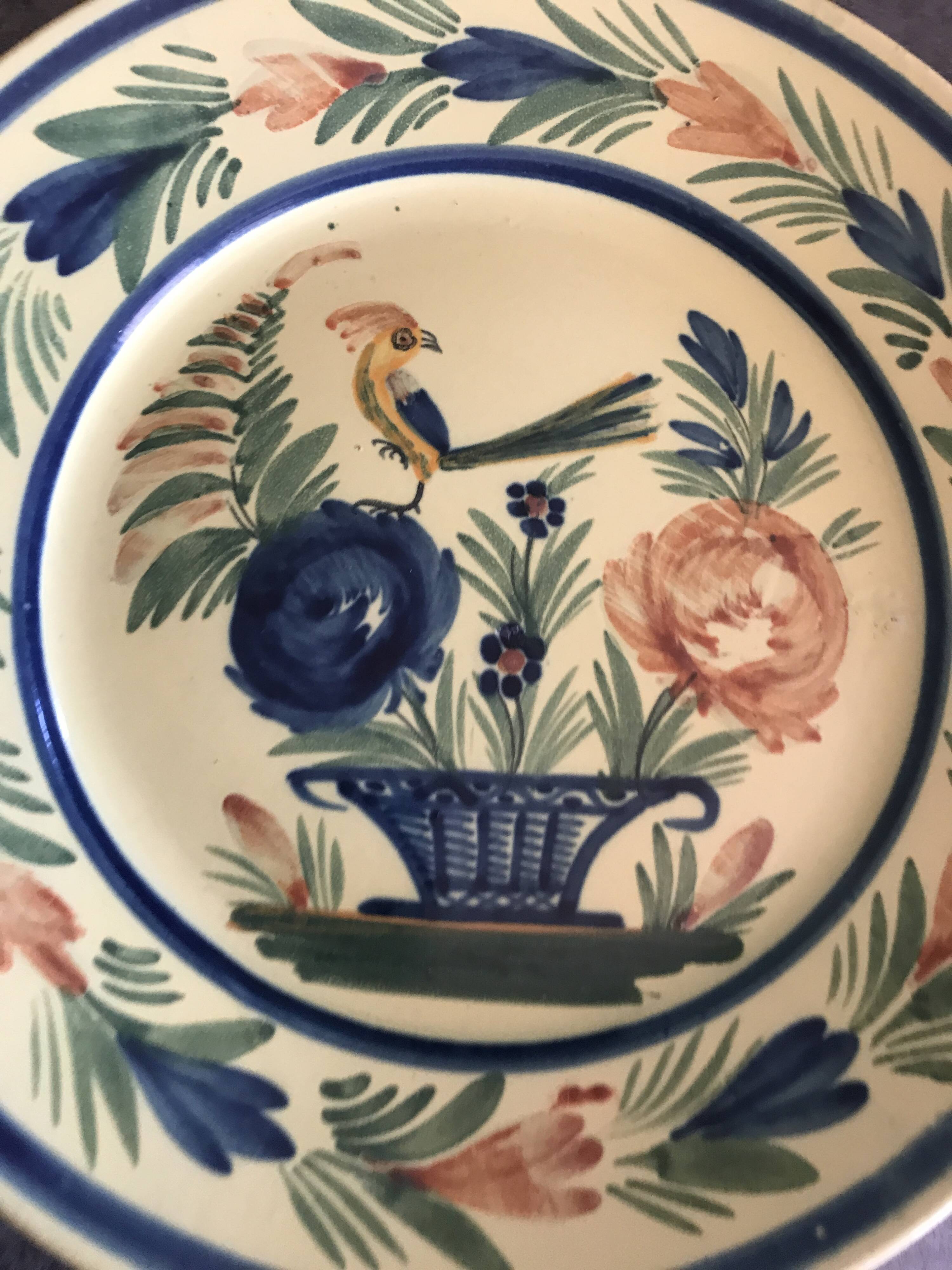 Antique earthenware plate hb henriot quimper floral and bird basket decor