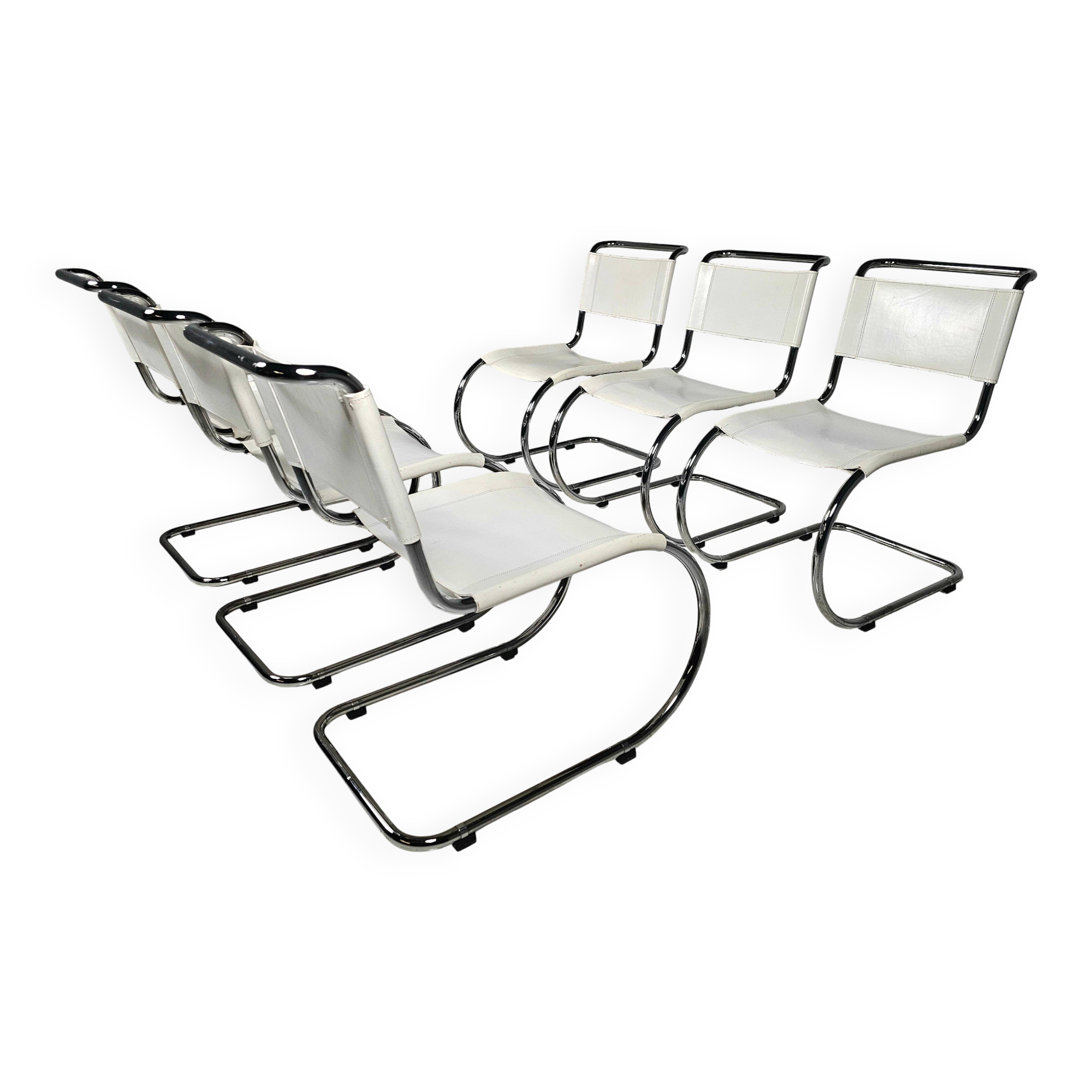 Set of 6 white cantilever dining chairs MR10 by Mies van der Rohe for Thonet, 1980s.