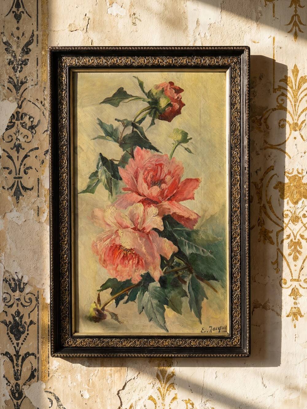 Large antique painting of peonies, signed E. Jacque, late 19th to early 20th century.