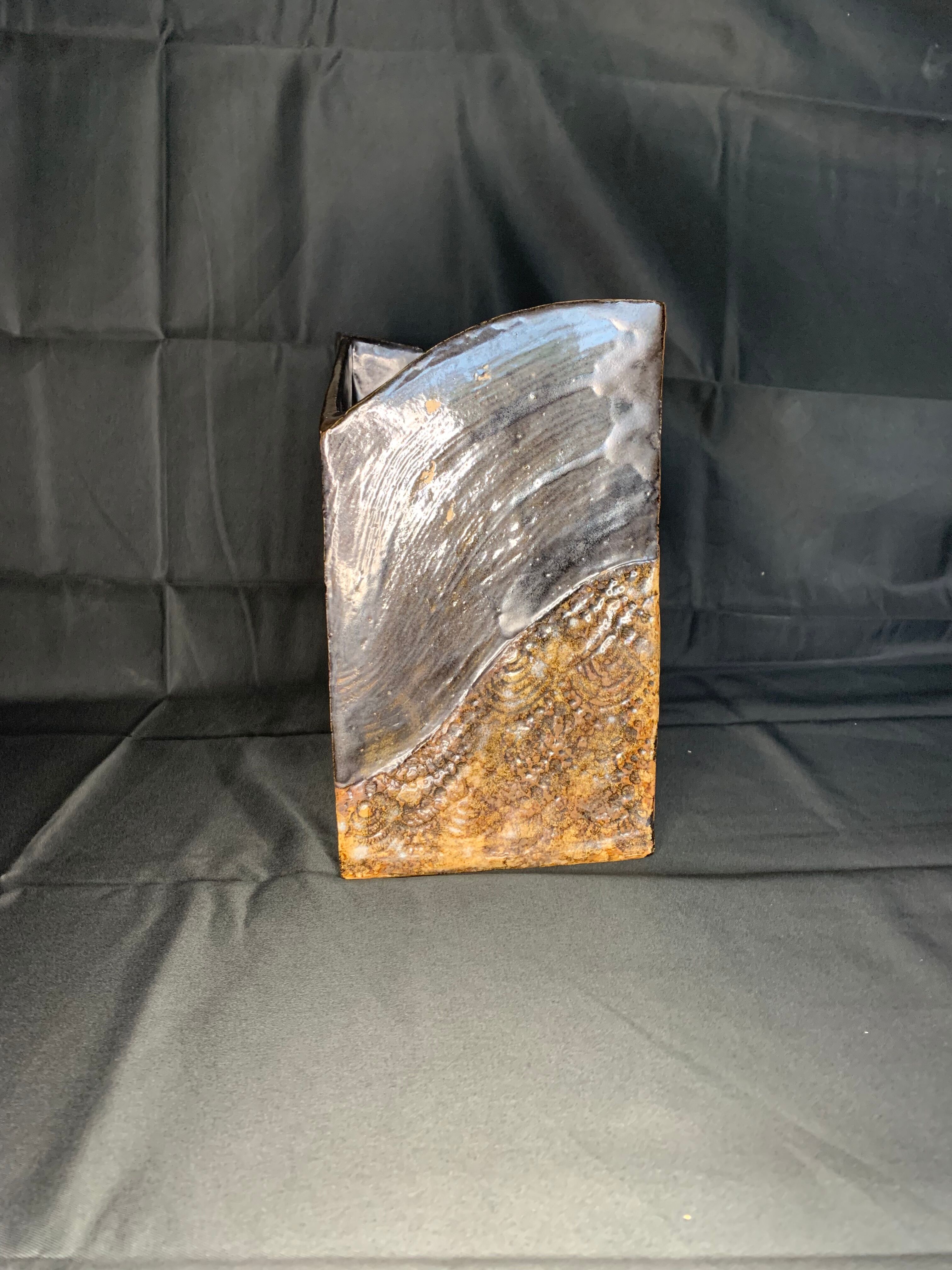 Vintage brown square ceramic vase