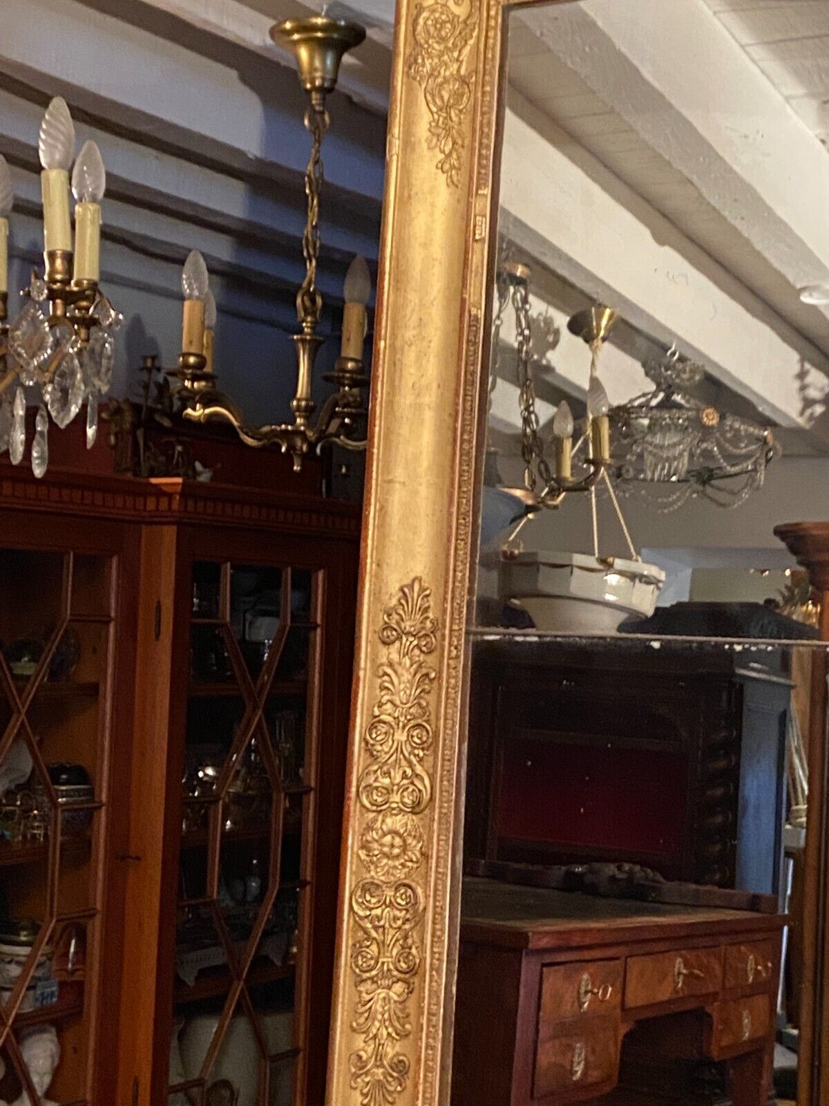 Large mirror fireplace mirror in wood and gilded stucco XIX Restoration