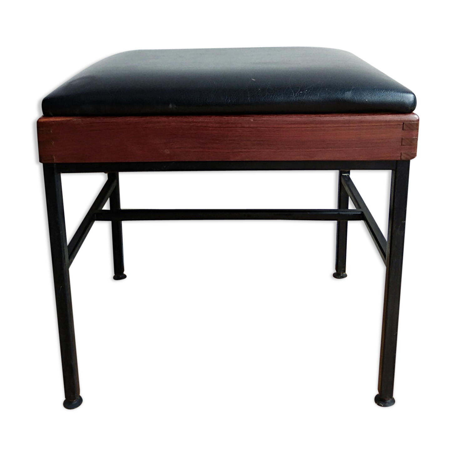 Modernist stool teak metal and black leatherette