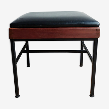 Modernist stool teak metal and black leatherette