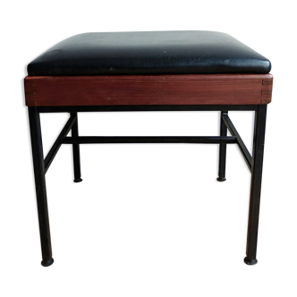 Modernist stool teak metal and black leatherette