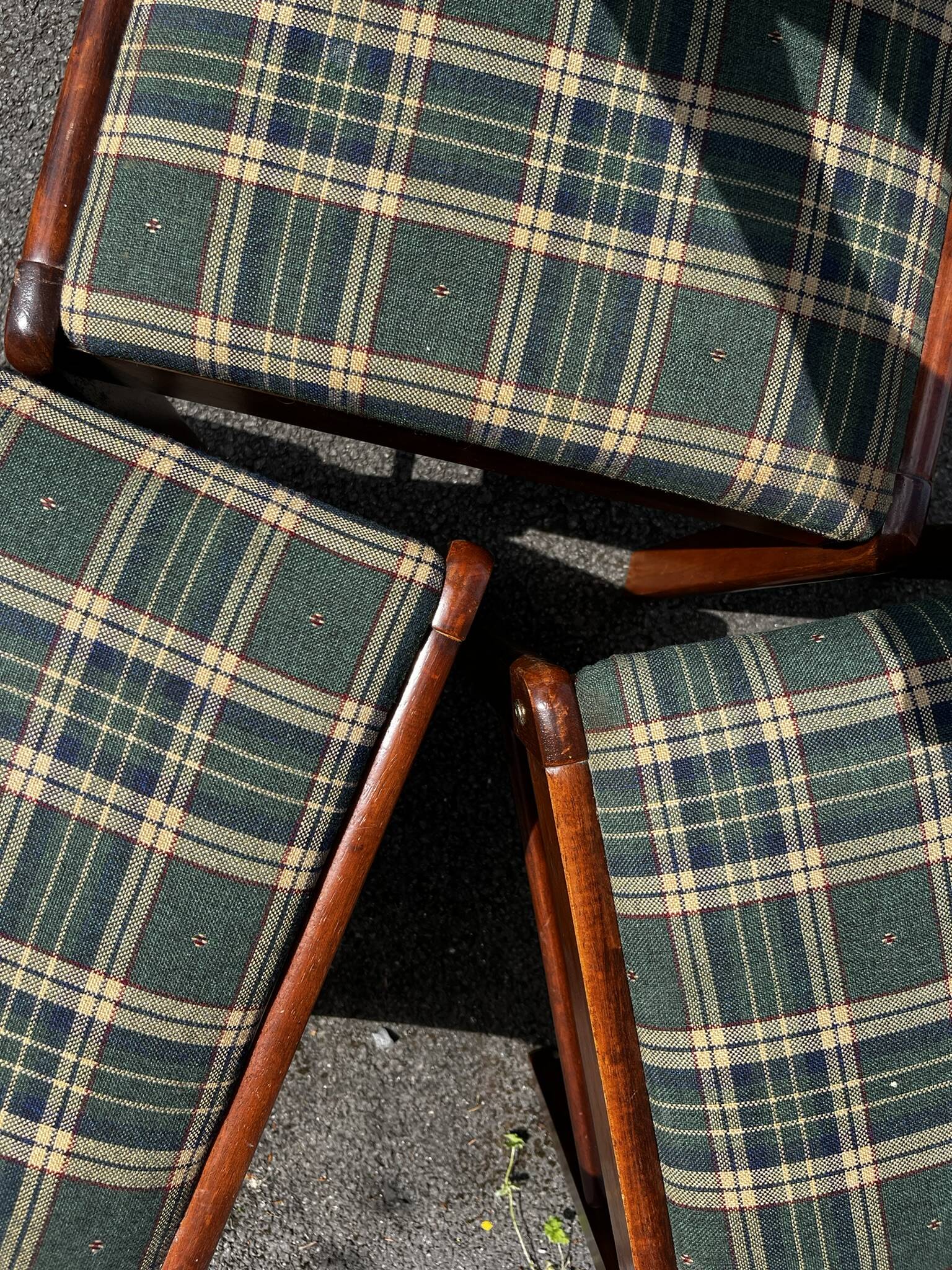 Lot of 3 vintage checkered wood and fabric chairs.