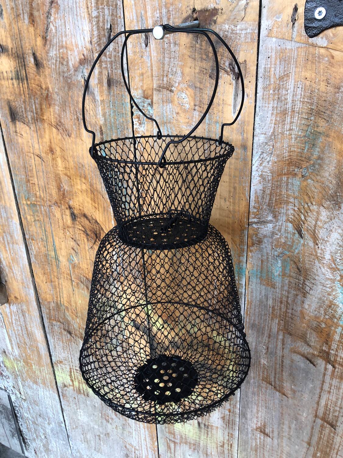 Ancienne Nasse Pêche Panier Métal Noir Pliable Vintage #A315