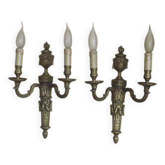 Grande paire d'appliques murales doubles Empire néo-classique en bronze antique français 4982