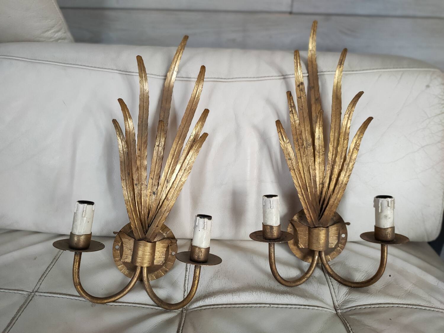 Pair of vintage wall lights, two golden arms, foliage