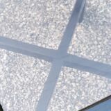 70s design coffee table in black lacquered wood with smoked glass top