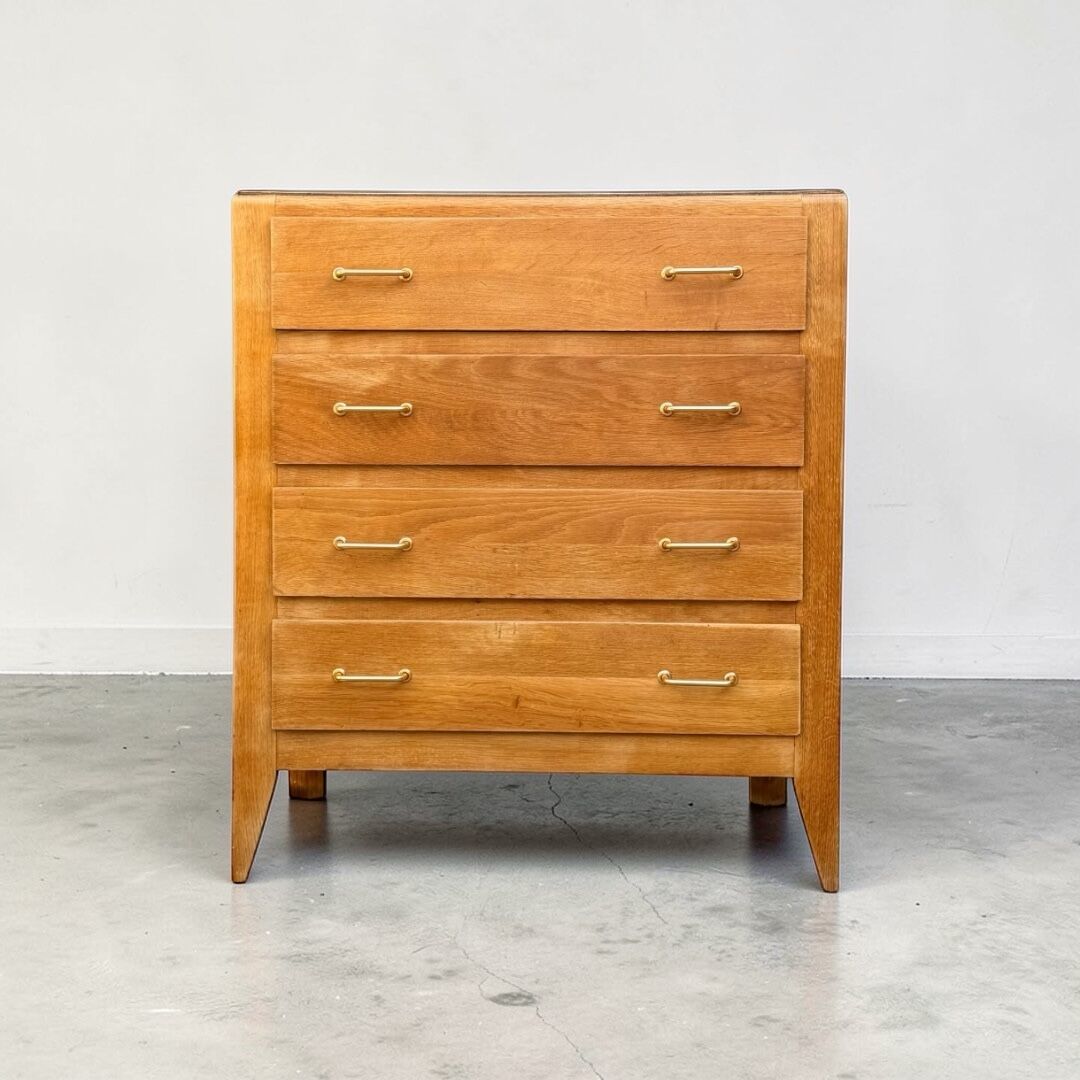 Vintage chest of drawers with tapered legs, solid raw oak, 1960.